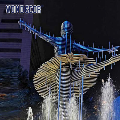 Large stainless steel character shaped outdoor sculpture in the park