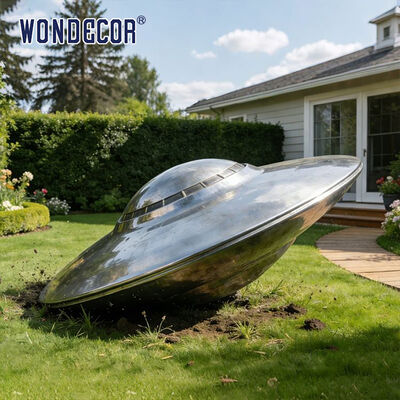 Modern Polished Stainless Steel UFO Flying Saucer Sculpture Outdoor Decor for Contemporary Villa Garden